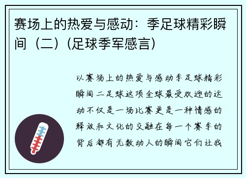 赛场上的热爱与感动：季足球精彩瞬间（二）(足球季军感言)