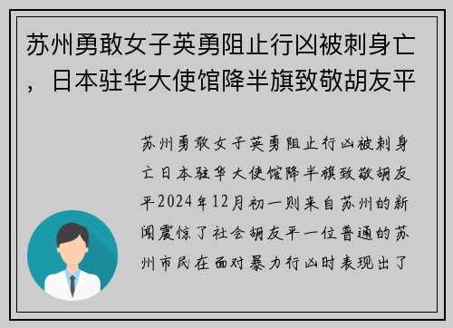 苏州勇敢女子英勇阻止行凶被刺身亡，日本驻华大使馆降半旗致敬胡友平